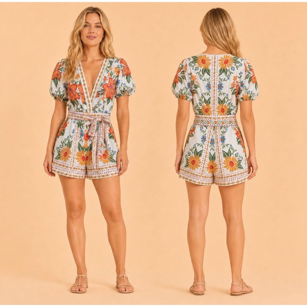 FARM RIO BLOOM GARDEN OFF WHITE ROMPER SZ M NWT $220